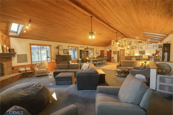 Dining room, Fireplace, Interior, Kitchen, Living room, Pendant Lights, Wooden Ceilings
