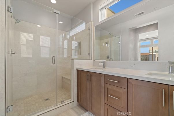 Bathroom, Dual Sink Vanities, Glass Shower, Interior, Recessed Lighting