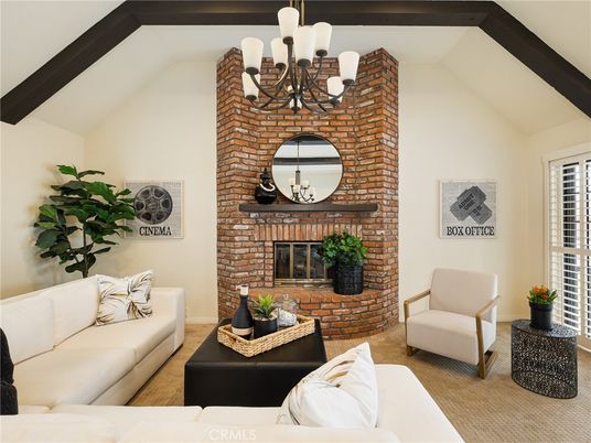 Chandelier, Fireplace, Interior, Living room, Stone Walls, Wooden Beams