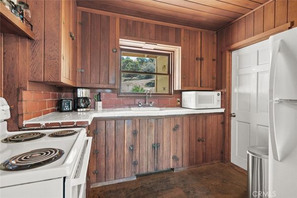 Interior, Kitchen, Tile Countertops, Wooden Ceilings, Wood Texture Flooring, Wooden Walls