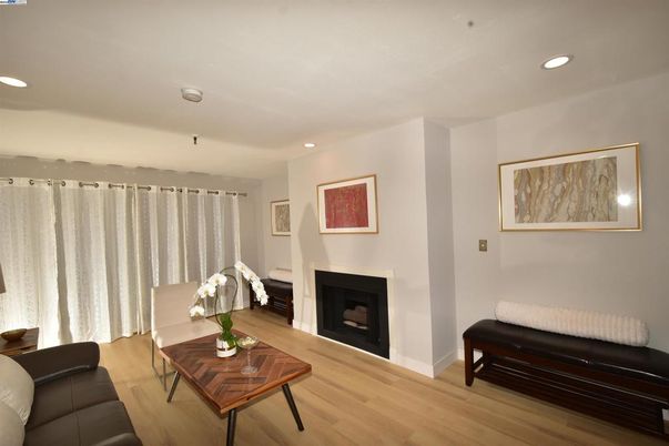 Fireplace, Interior, Living room, Recessed Lighting, Wood Texture Flooring