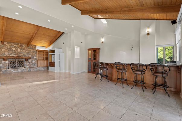 Fireplace, Interior, Recessed Lighting, Stone Walls, Wooden Beams, Wooden Ceilings