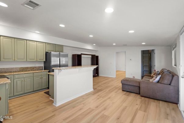 Interior, Kitchen, Living room, Recessed Lighting, Stainless Steel Appliances, Wood Texture Flooring