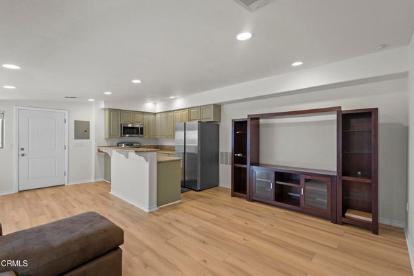 Interior, Kitchen, Recessed Lighting, Stainless Steel Appliances, Wood Texture Flooring