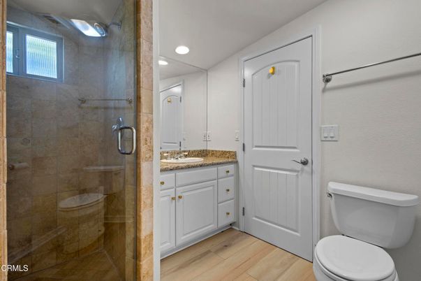 Bathroom, Glass Shower, Interior, Recessed Lighting, Wood Texture Flooring