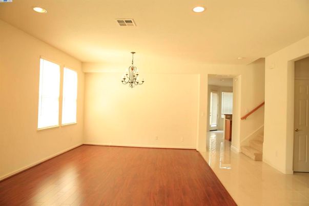 Chandelier, Empty room, Interior, Recessed Lighting, Wood Texture Flooring