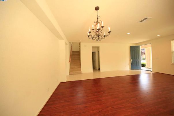 Chandelier, Empty room, Interior, Recessed Lighting, Wood Texture Flooring
