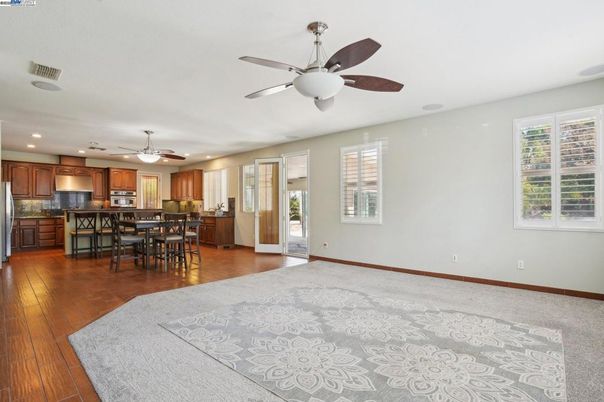 Dining room, Empty room, Interior, Kitchen, Recessed Lighting, Wood Texture Flooring