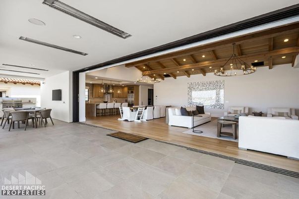 Chandelier, Dining room, Interior, Living room, Pendant Lights, Recessed Lighting, Wooden Beams, Wooden Ceilings, Wood Texture Flooring