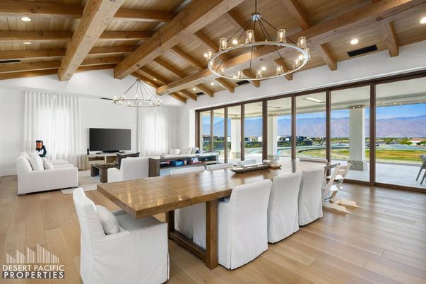 Chandelier, Dining room, Interior, Living room, Pendant Lights, Recessed Lighting, Wooden Beams, Wooden Ceilings, Wood Texture Flooring