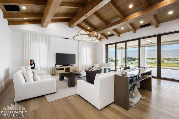Interior, Living room, Pendant Lights, Recessed Lighting, Wooden Beams, Wooden Ceilings, Wood Texture Flooring