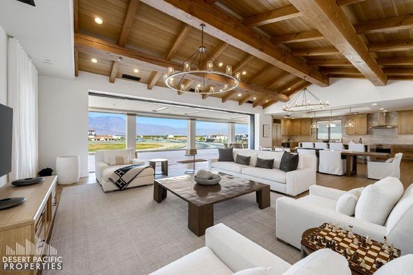 Chandelier, Dining room, Interior, Kitchen, Living room, Pendant Lights, Recessed Lighting, Water, Wooden Beams, Wooden Ceilings