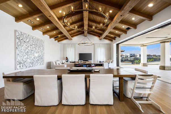 Chandelier, Dining room, Interior, Living room, Pendant Lights, Recessed Lighting, Wooden Beams, Wooden Ceilings, Wood Texture Flooring