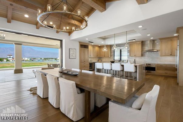 Chandelier, Dining room, Interior, Kitchen, Pendant Lights, Recessed Lighting, Stainless Steel Appliances, Wooden Beams, Wooden Ceilings, Wood Texture Flooring