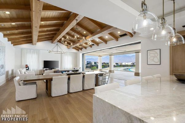Dining room, Interior, Living room, Pendant Lights, Recessed Lighting, Wooden Beams, Wooden Ceilings, Wood Texture Flooring