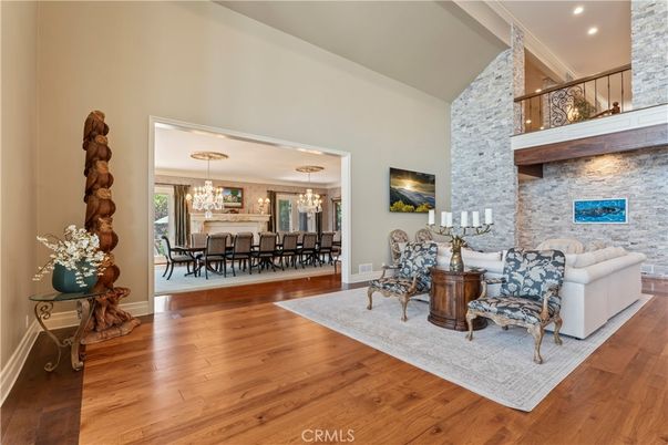 Chandelier, Dining room, Interior, Recessed Lighting, Stone Walls, Wood Texture Flooring