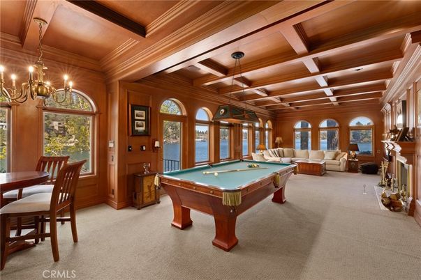 Billiard Table, Chandelier, Fireplace, Game Room, Interior, Living room, Wooden Beams, Wooden Ceilings, Wooden Walls
