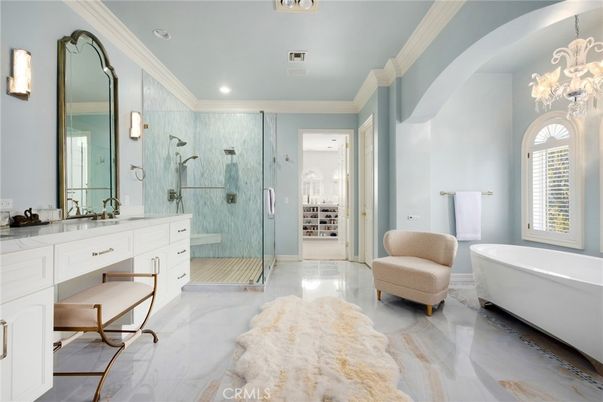 Bathroom, Free Standing Baths, Glass Shower, Interior, Marble, Recessed Lighting