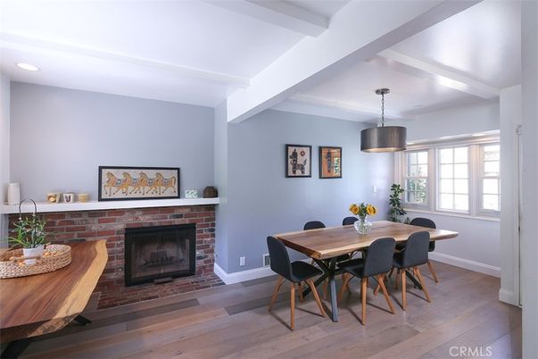 Dining room, Fireplace, Interior, Pendant Lights, Recessed Lighting, Wood Texture Flooring