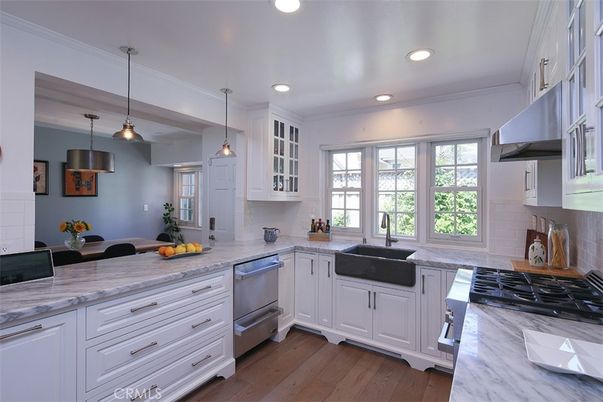 Interior, Kitchen, Pendant Lights, Recessed Lighting, Stainless Steel Appliances, Wood Texture Flooring