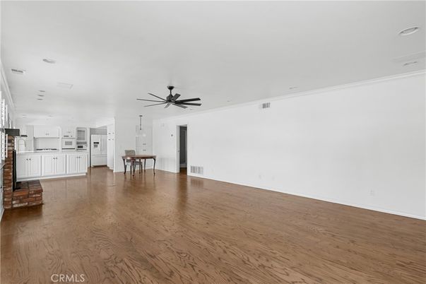 Dining room, Empty room, Interior, Kitchen, Recessed Lighting, Wood Texture Flooring