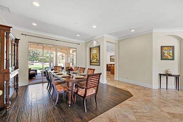 Dining room, Interior, Recessed Lighting, Wood Texture Flooring