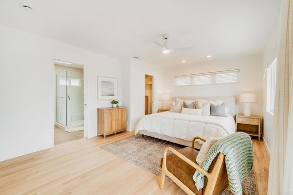 Bedroom, Interior, Recessed Lighting, Wood Texture Flooring