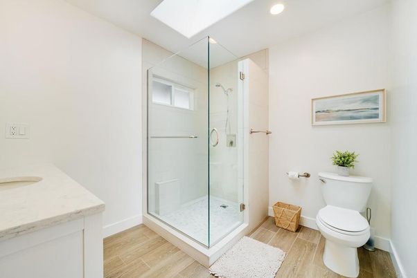 Bathroom, Glass Shower, Interior, Recessed Lighting, Wood Texture Flooring