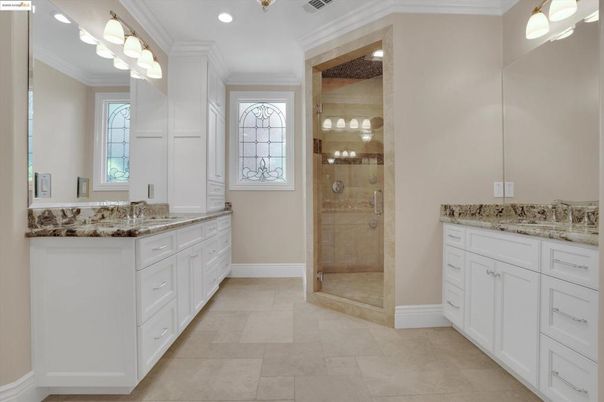 Bathroom, Dual Sink Vanities, Glass Shower, Interior, Recessed Lighting