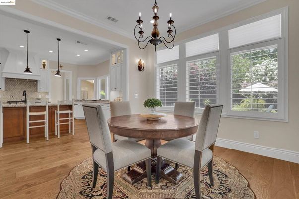 Dining room, Interior, Pendant Lights, Recessed Lighting, Wood Texture Flooring