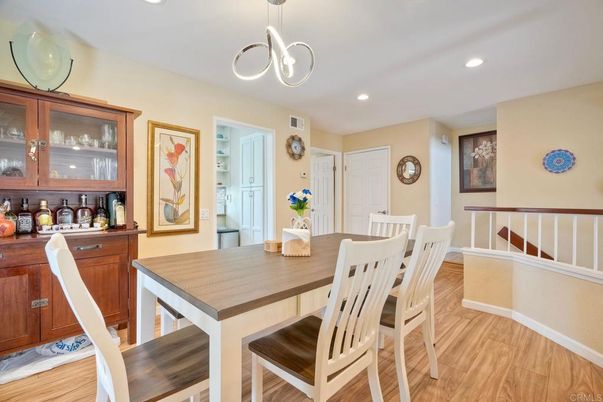 Dining room, Interior, Pendant Lights, Recessed Lighting, Wood Texture Flooring