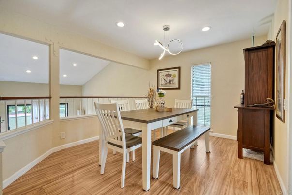 Dining room, Interior, Pendant Lights, Recessed Lighting, Wood Texture Flooring