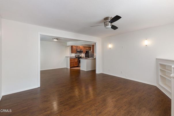 Empty room, Interior, Kitchen, Stainless Steel Appliances, Wood Texture Flooring