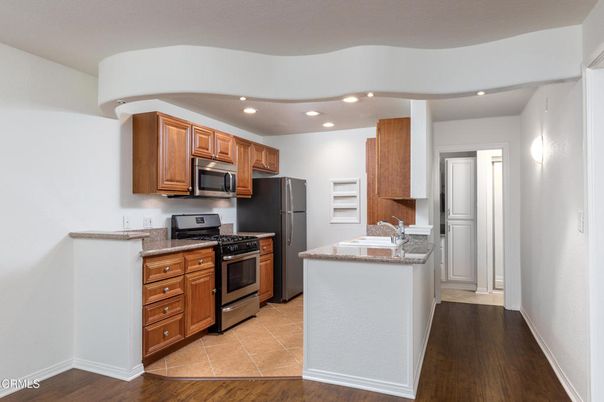 Interior, Kitchen, Recessed Lighting, Stainless Steel Appliances, Wood Texture Flooring