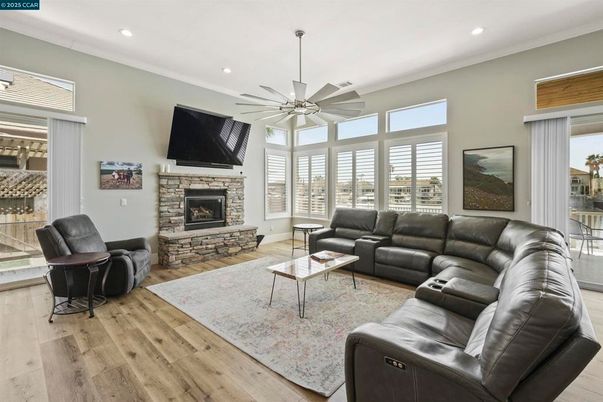 Fireplace, Interior, Living room, Recessed Lighting, Wood Texture Flooring