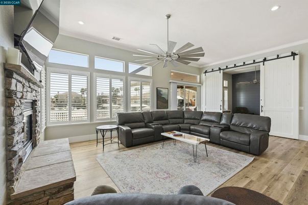Fireplace, Interior, Living room, Recessed Lighting, Wood Texture Flooring