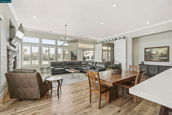 Dining room, Interior, Living room, Recessed Lighting, Wood Texture Flooring
