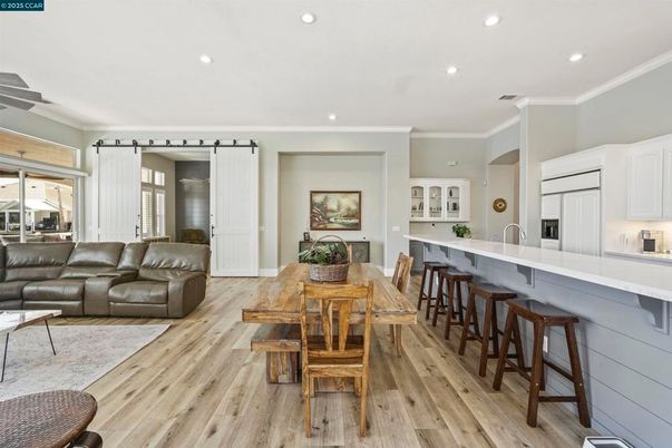 Dining room, Interior, Kitchen, Living room, Recessed Lighting, Wood Texture Flooring