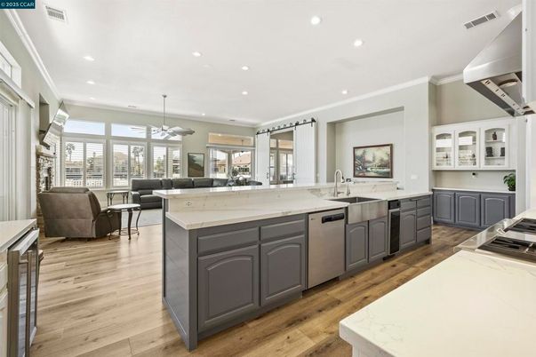 Interior, Kitchen, Living room, Recessed Lighting, Stainless Steel Appliances, Wood Texture Flooring