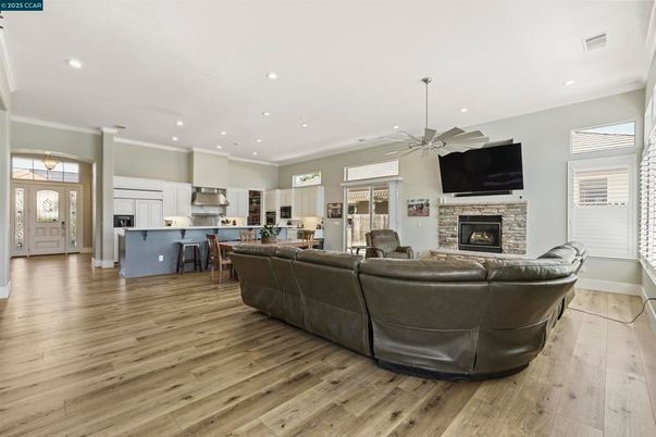 Fireplace, Interior, Kitchen, Living room, Pendant Lights, Recessed Lighting, Wood Texture Flooring