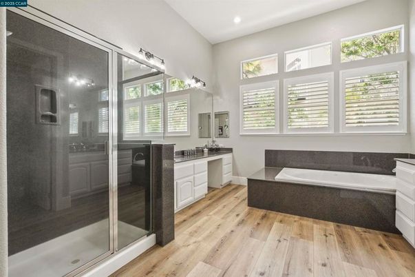 Bathroom, Glass Shower, Interior, Recessed Lighting, Wood Texture Flooring