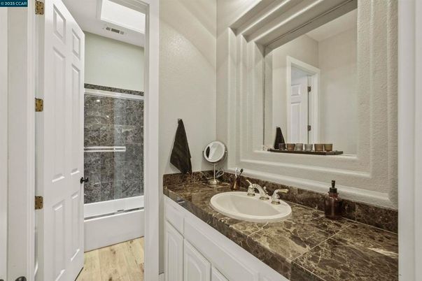 Bathroom, Interior, Tile Countertops, Wood Texture Flooring