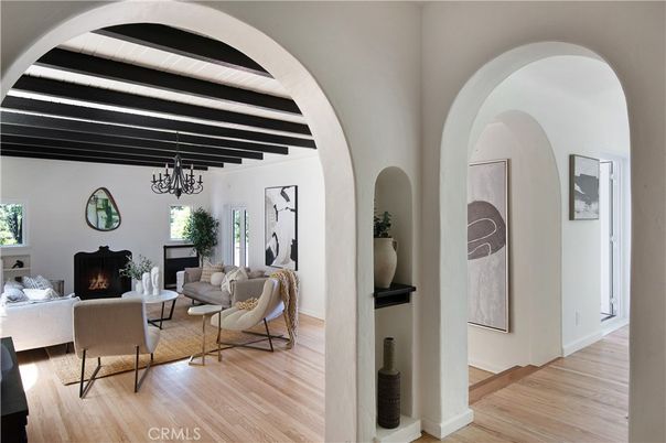 Chandelier, Fireplace, Interior, Living room, Wooden Beams, Wood Texture Flooring