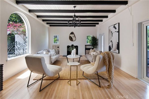 Chandelier, Interior, Living room, Wooden Beams, Wood Texture Flooring