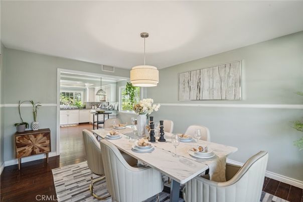 Dining room, Interior, Pendant Lights, Wood Texture Flooring