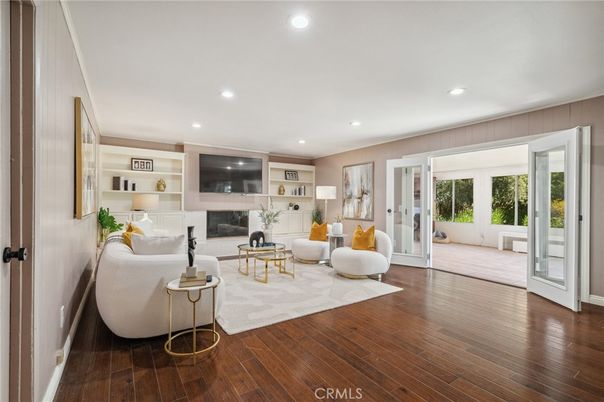 Fireplace, Interior, Living room, Recessed Lighting, Wood Texture Flooring