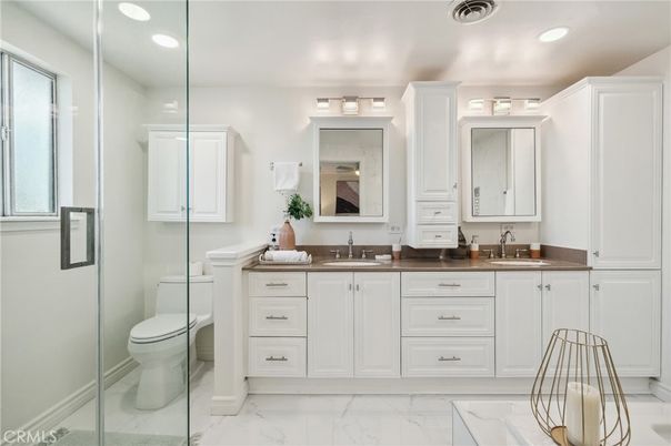 Bathroom, Dual Sink Vanities, Glass Shower, Interior, Marble, Recessed Lighting