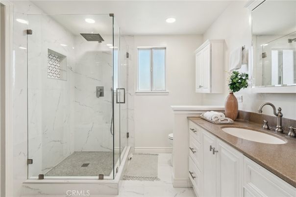 Bathroom, Glass Shower, Interior, Marble, Marble Walls, Recessed Lighting