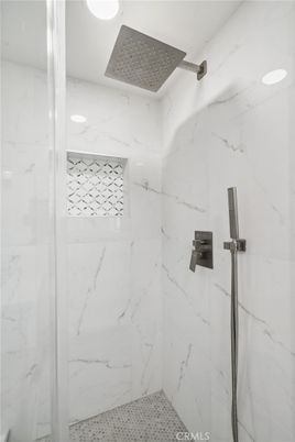 Bathroom, Glass Shower, Interior, Marble Walls, Recessed Lighting