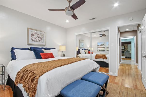 Bedroom, Interior, Recessed Lighting, Wood Texture Flooring